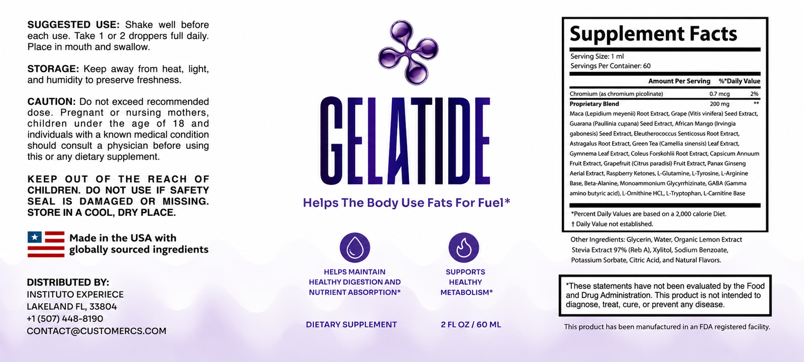 Gelatide ingredients label